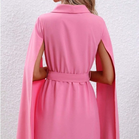 Classy Cloak Sleeve Belted Shawl Collar Dress Pink - Picture 4 of 5